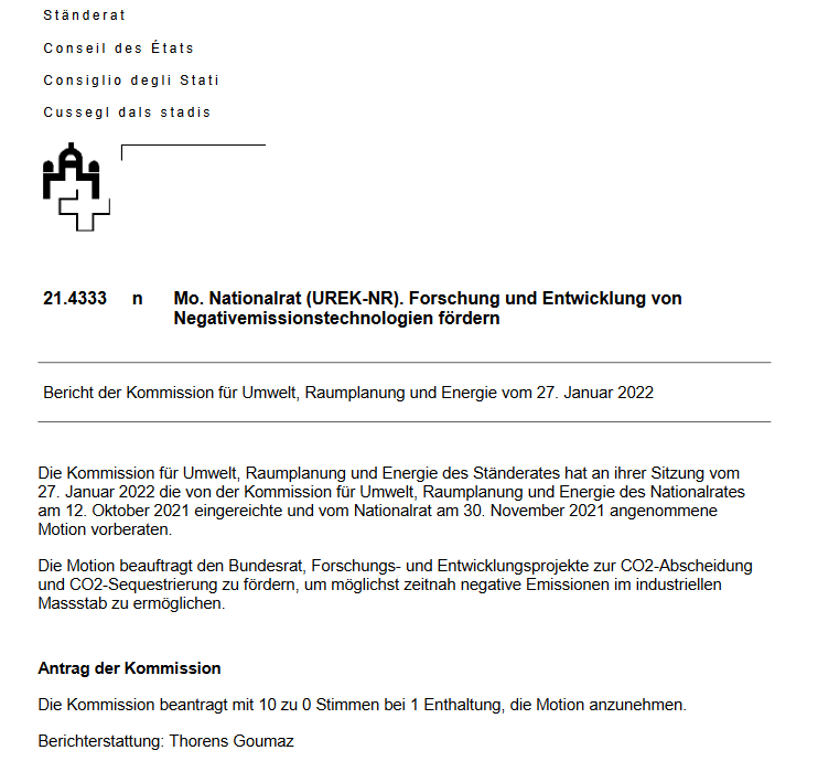 Motion on research and development of negative emission technologies adopted